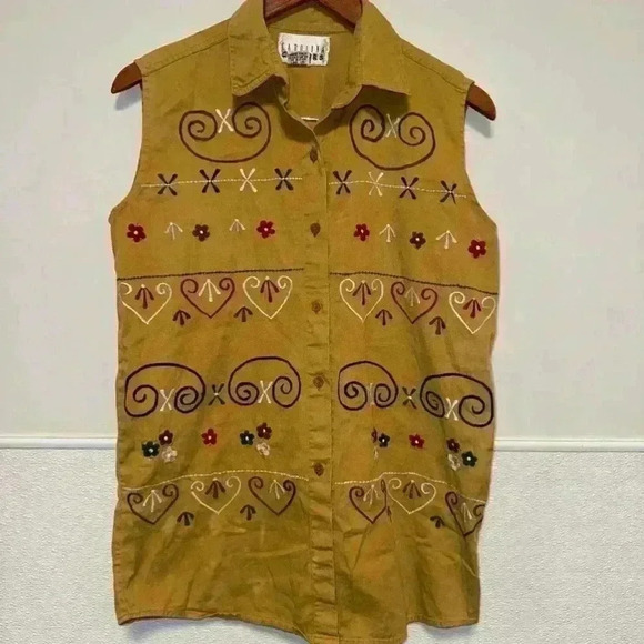 Vintage Carolina Colours Mustard Embroidered Blouse Size M - Picture 1 of 12